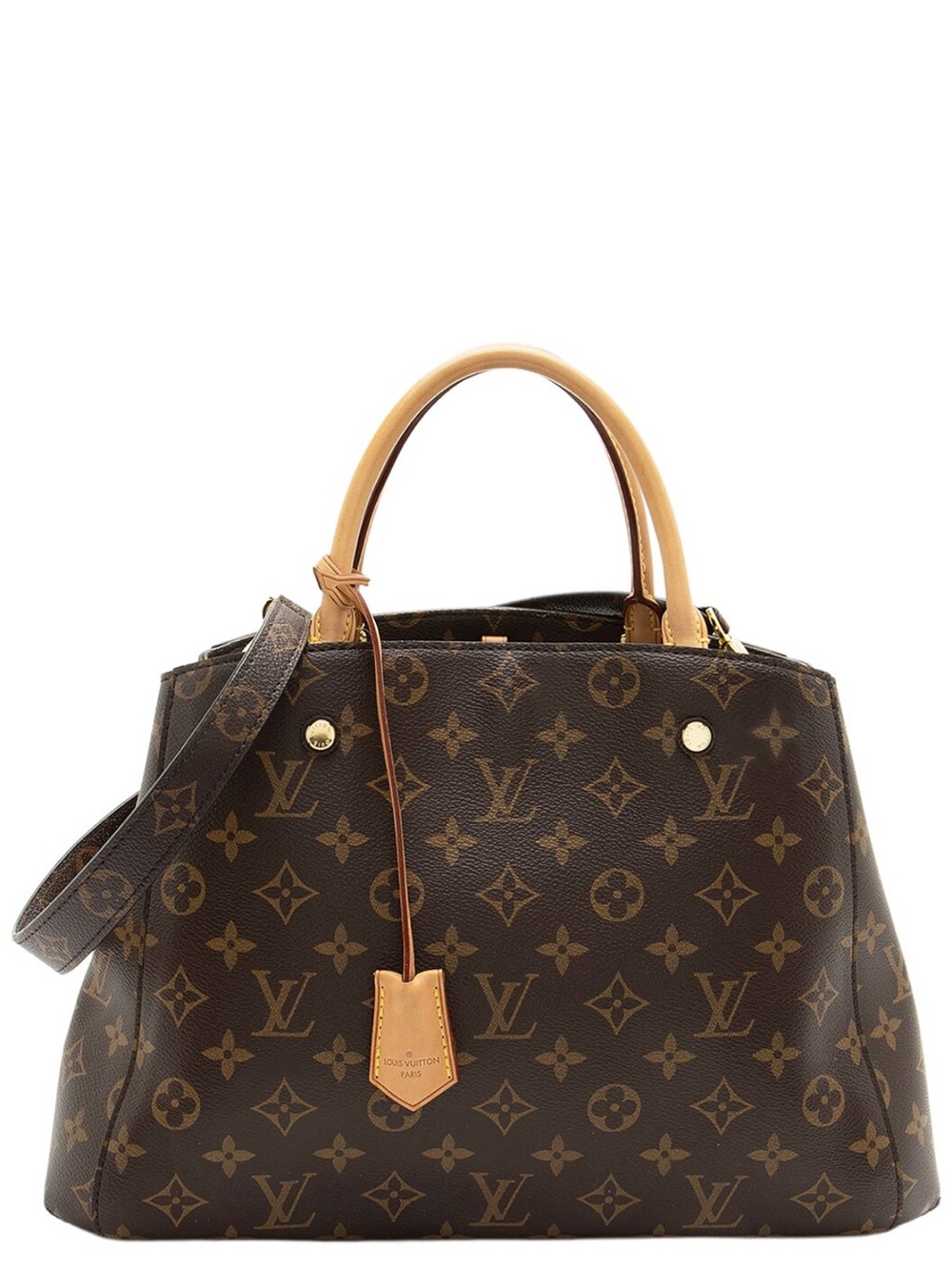Authentic Louis Vuitton Brown Monogram Structured Tote w/ Natural Leather Handle